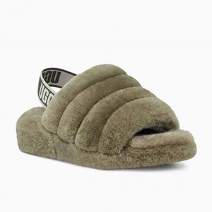UGG Olive Green Fluff Yeah Slide with Logo Heel Strap